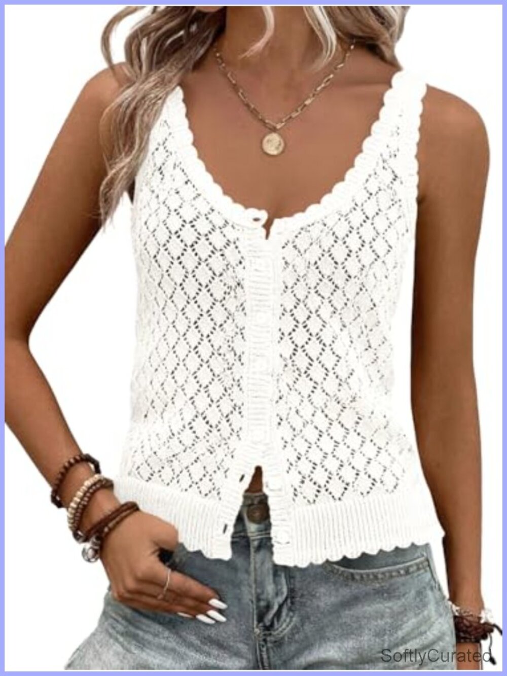 Womens Cotton Knit Sweater Tank Top Sleeveless Button Down Boho Crochet Vest